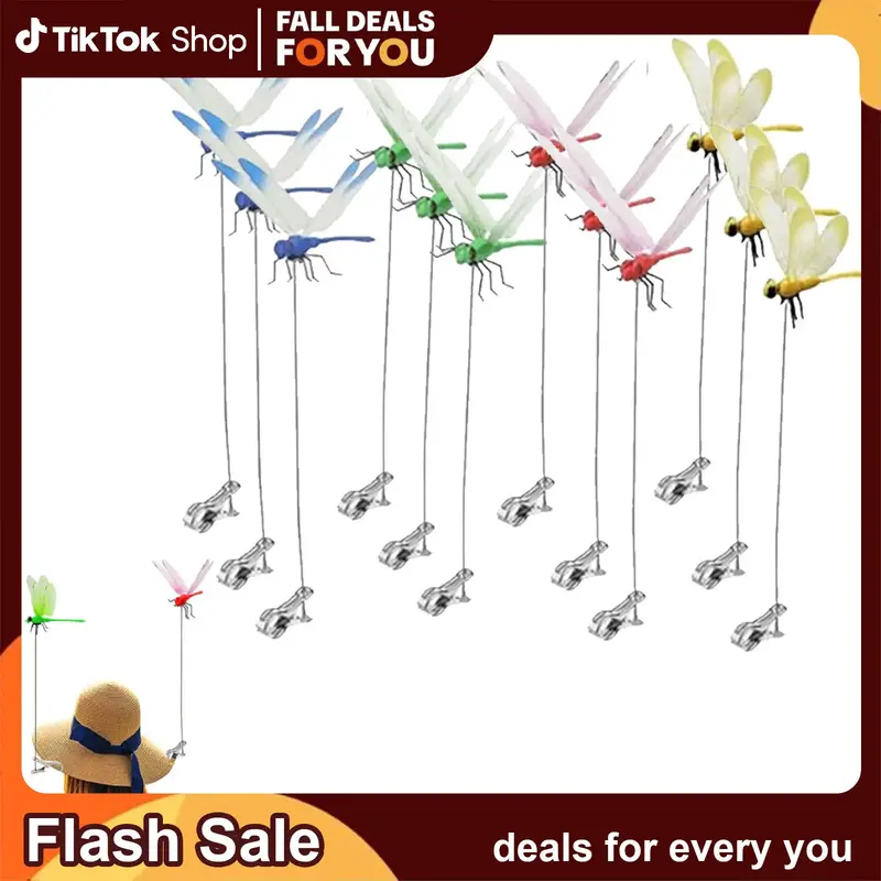 12 Counts Outdoor Fake Dragonfly Rod Clip, Garden Metal Dragonfly Clip. Natural Organic Concept, 3D Dragonfly Garden Decorati...