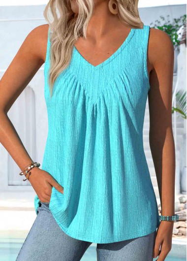 Modlily Cyan Sleeveless V Neck Tank Top - L