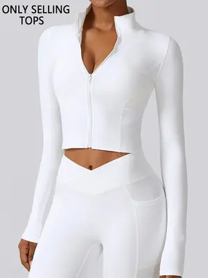 Women's Solid Zip Up Crop Sports Jacket, Long Sleeve Stand Collar Outerwear for Yoga Gym Workout, Ladies Sportswear for Fall ...
