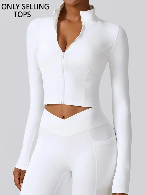 Women's Solid Zip Up Crop Sports Jacket, Long Sleeve Stand Collar Outerwear for Yoga Gym Workout, Ladies Sportswear for Fall ...