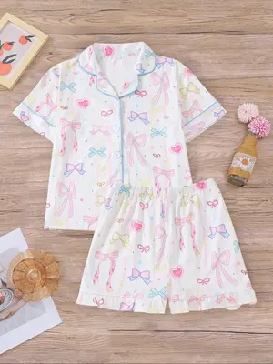 Girl's Bow Print Top & Shorts Pyjama Sets, Cute Casual Comfy Short Sleeve Top & Shorts Set, Kids Sleepwear for Summer