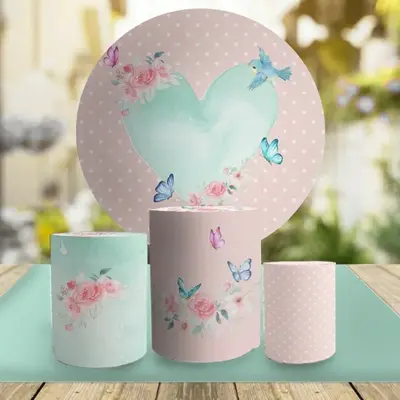 Aperturee Cyan Love Round Pink Floral Birthday Party Backdrop Kit | Birthday Backdrop Ideas | Custom Round Backdrop | Round B...