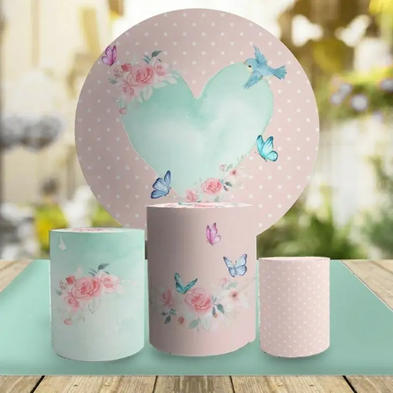 Aperturee Cyan Love Round Pink Floral Birthday Party Backdrop Kit | Birthday Backdrop Ideas | Custom Round Backdrop | Round B...