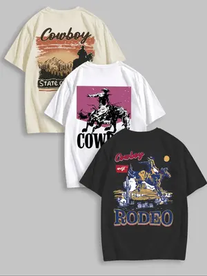 Men's Graphic Round Neck Tee, Cowboy Print Short Sleeve T-Shirt for Daily Wear, Casual Comfy Knitting Top for Summer