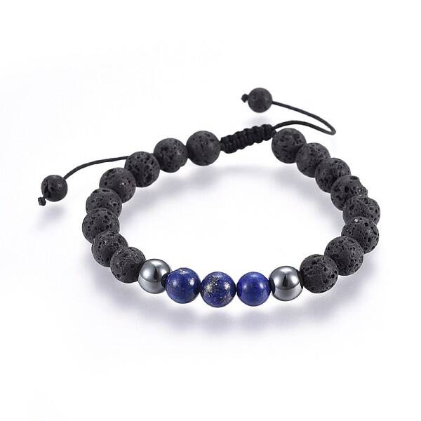 Natural Lava Rock and Non-Magnetic Synthetic Hematite Beads Braided Bead Bracelets