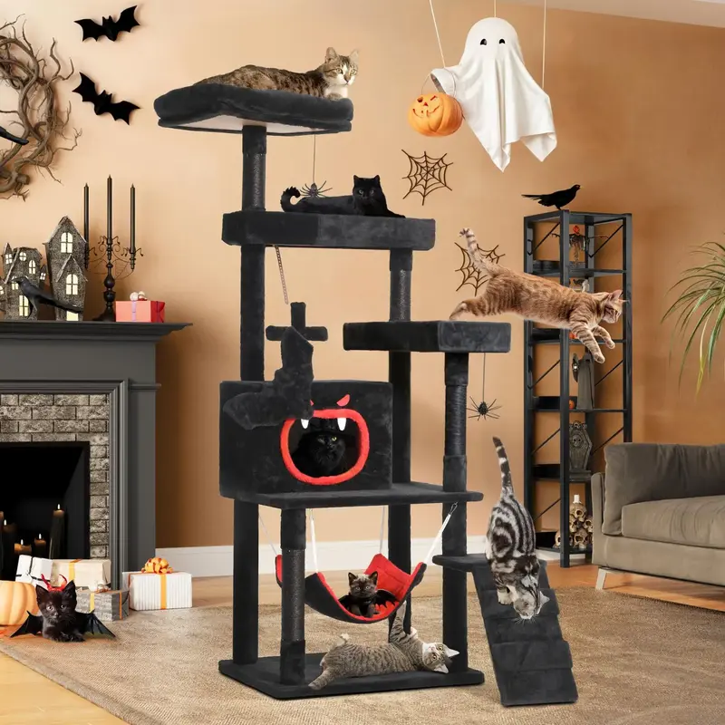 Yitahome Gothic/Christmas Cat Tree with Coffin Bed, Cat Tower for Cats with Top Perch, Spacious Cat Condos, Comfy Hammock, Sc...