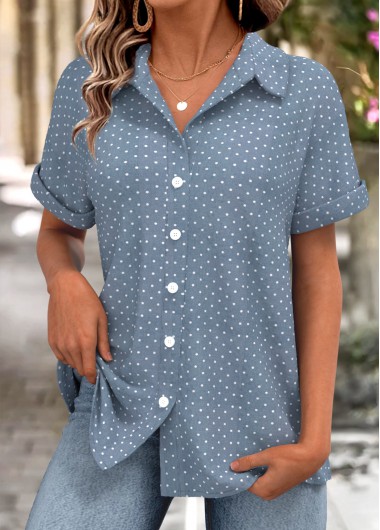 Modlily Dusty Blue Polka Dot Short Sleeve Shirt - L