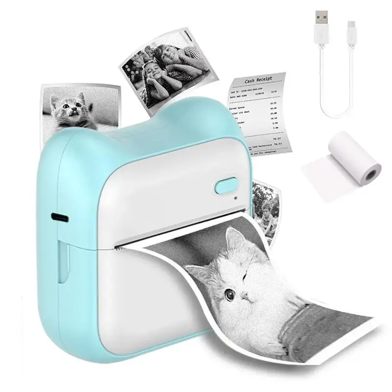 Portable Mini Thermal Photo Printer, 1 Count USB Rechargeable Bt Wireless Photo Printer with 1 Roll Paper, Inkless Thermal Pr...