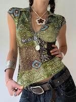 Women's Vintage Print Cap Sleeve Tee, Y2K Collared T-Shirt for Daily Wear, Ladies Clothes for All Seasons, Top