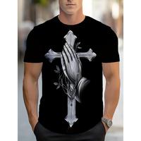 Men's T-Shirt with Cross and Prayer Case - 95% Cotton, 5% Stretch, Micro Stretch, Short Sleeve, Black - Combine and Fitness, ...