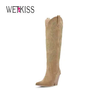 Wetkiss Women's Western Knee High Boots, Cowboy Cowgirl, Unique Fashion Embroidered Chunky Block Heels Pointed Toes Walking S...