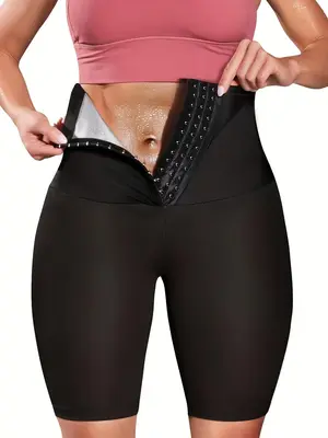 【plus Size】 Hook & Eye Front High Waist Sports Short Tummy Control Leggings, Gym Leggings for Women, Solid Color Breathab...