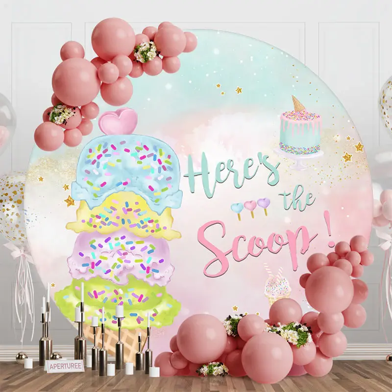 Blue Pink Heres The Scoop Round Baby Shower Backdrop - Aperturee
