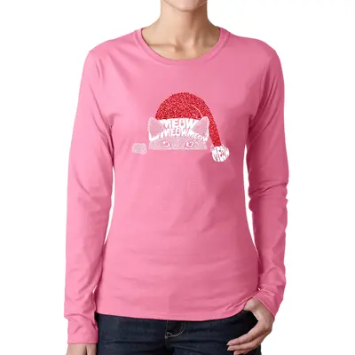 Christmas Peeking Cat - Women's Word Art Long Sleeve T-Shirt - Black - Medium