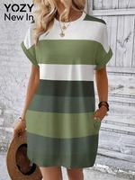 Yozy Women's Striped Print Batwing Sleeve Dress, Casual Short Sleeve Round Neck Dress for Summer, Ladies Clothes for Daily We...