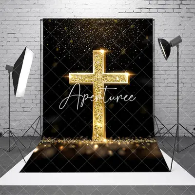 Aperturee Gold Glitter Cross Black Bokeh Easter Photo Backdrop, 2X3FT(0.6MX1M), 14 USD, easter backdrops, XQSD1X34-M