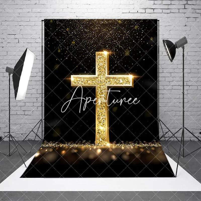 Aperturee Gold Glitter Cross Black Bokeh Easter Photo Backdrop, 2X3FT(0.6MX1M), 14 USD, easter backdrops, XQSD1X34-M