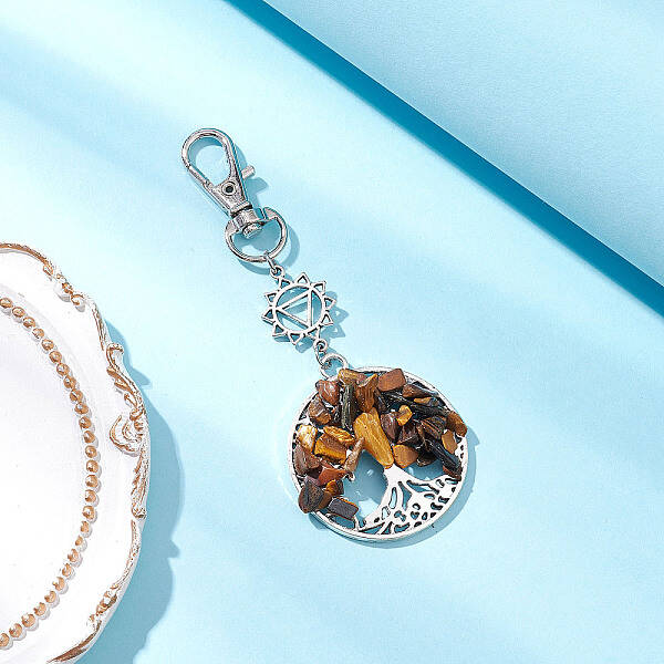 Natural Tiger Eye Chips Beads & Alloy Tree of Life Pendant Decorations