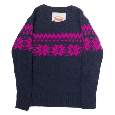 SUPERDRY Mens Icelandic Jumper Blue Fair Isle Crew Neck Tight Knit Wool S