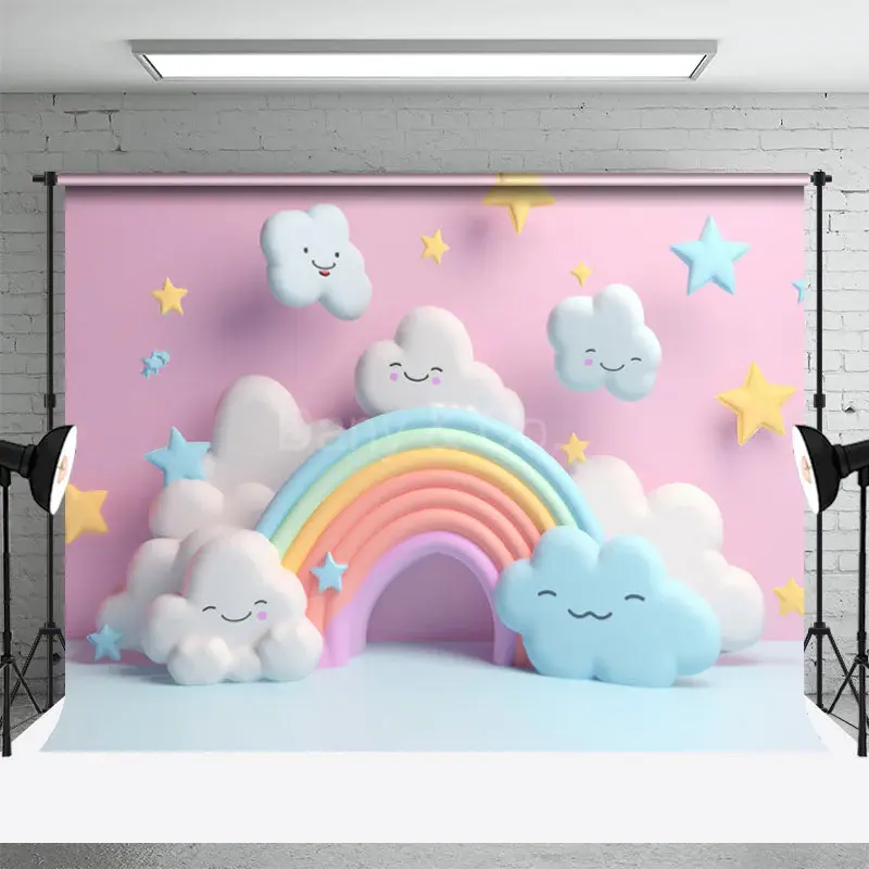 Rainbow Cloud Stars Birthday Backdrop For Photo - Aperturee