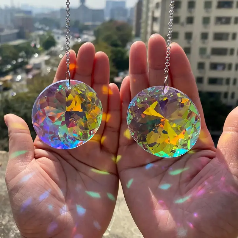 Artificial Crystal Sun Catcher, 2 Counts Round Hanging Sun Catcher with Glass Prism, Rainbow Maker for Windows, Balcony, Kitc...