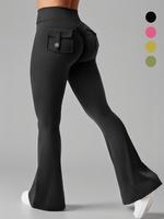 Women's Plain Ruched Pocket Flare Leg Sports Leggings, Sporty Comfortable Breathable High Waist Bell Bottom Trousers for Yoga...