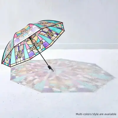 Geometry/Butterfly Pattern Umbrella, 1/6 Counts Manual/automatic Colorful Pastel Modern Art Glass Painting Umbrella, Portable...