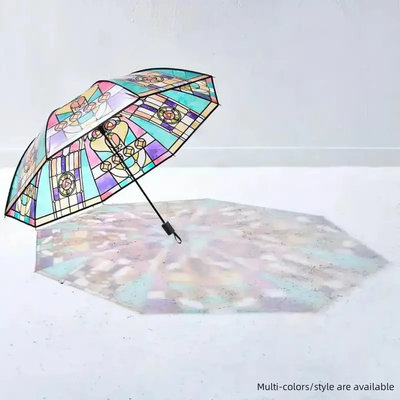 Geometry/Butterfly Pattern Umbrella, 1/6 Counts Manual/automatic Colorful Pastel Modern Art Glass Painting Umbrella, Portable...