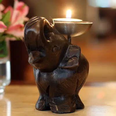 NOVICA Elephant of Old Siam Fair Trade Mango Wood Candle Holder
