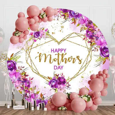 Purple Floral Gold Heart Round Mothers Day Backdrop - Aperturee