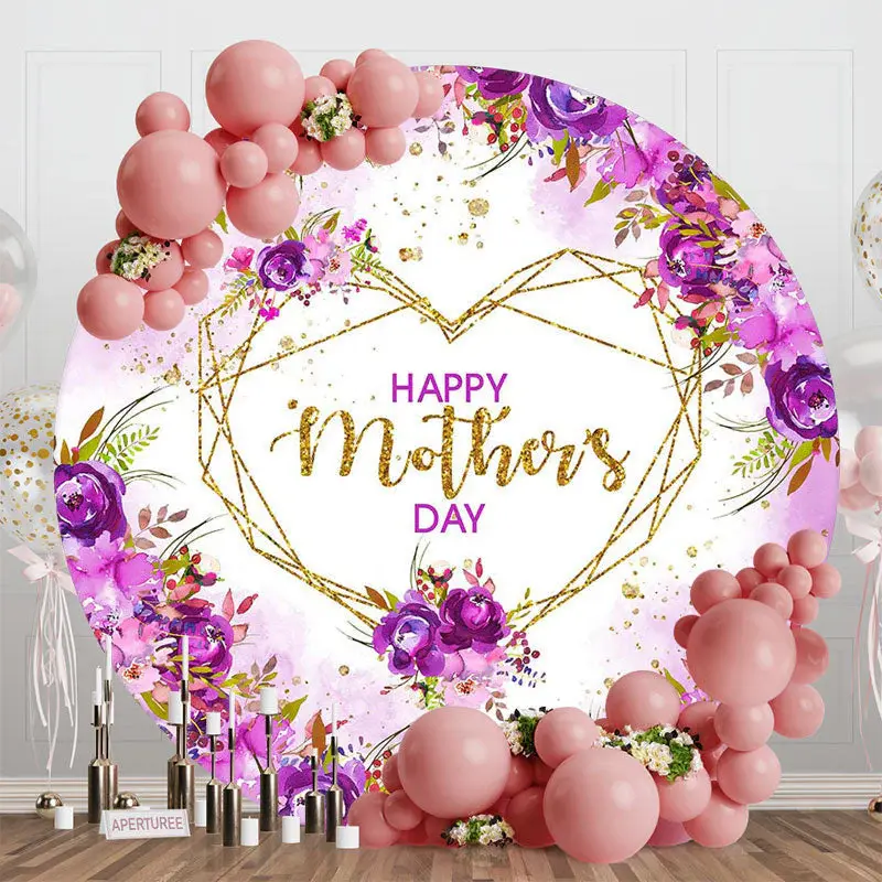 Purple Floral Gold Heart Round Mothers Day Backdrop - Aperturee