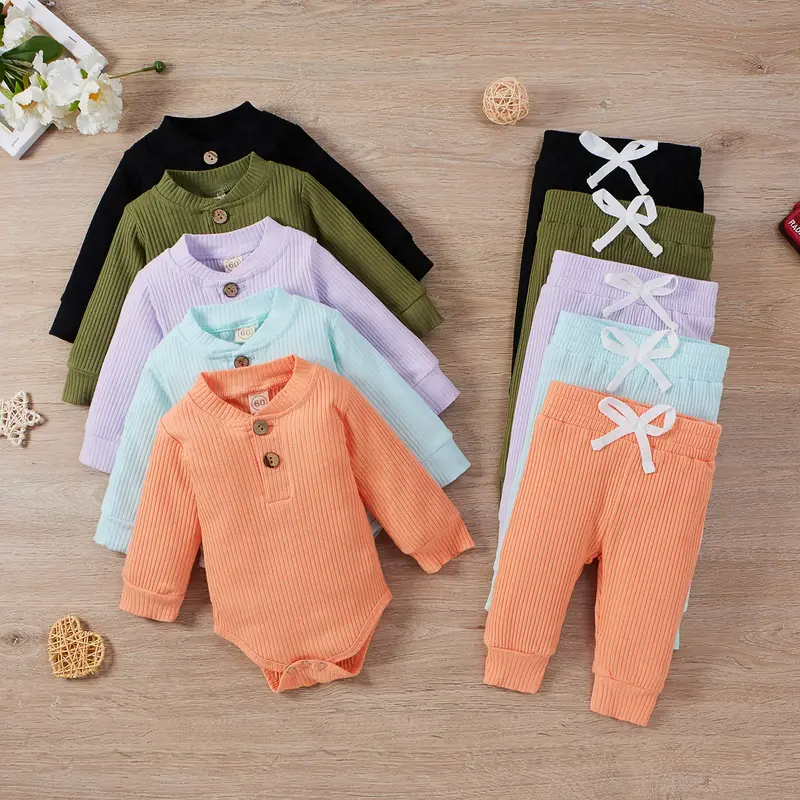 Newborn Baby Boy Girl Clothes Ribbed Knitted Cotton Long Sleeve Romper Long Pants Solid Color Fall Winter Outfits