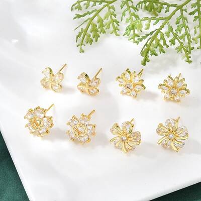 Flower Brass Micro Pave Clear Cubic Zirconia Stud Earrings