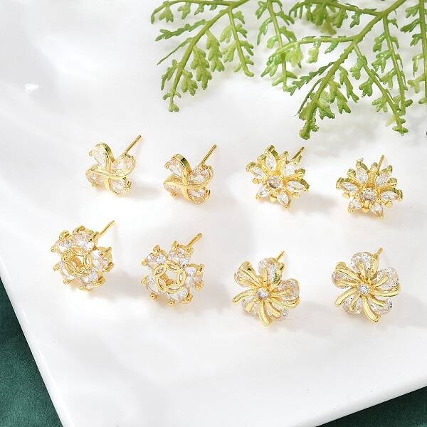 Flower Brass Micro Pave Clear Cubic Zirconia Stud Earrings