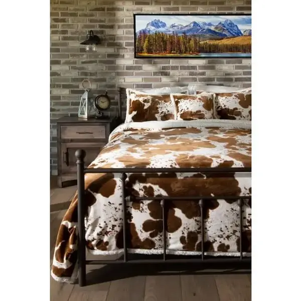 Cowhide Sherpa Lodge Blanket Set