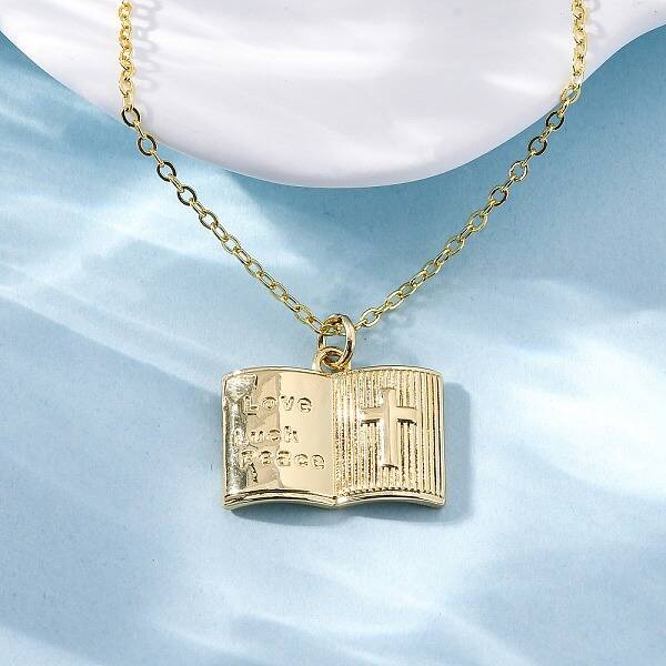 Brass Cross Bible Book Pendant Necklaces for Women Men