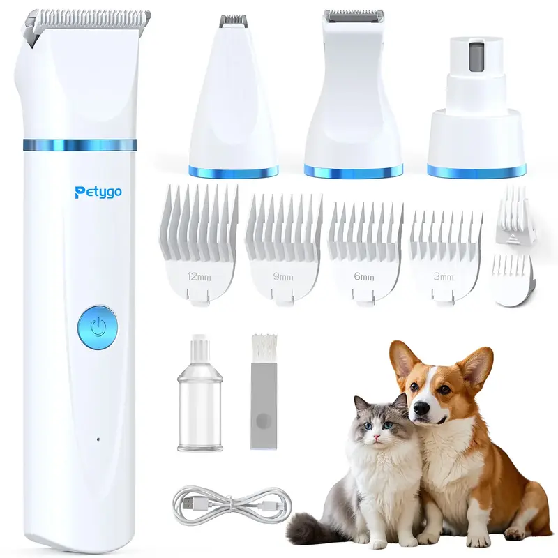 Petygo 4-in-1 Dog Grooming Kit with Nail Grinder & Dog Paw Trimmer, Low-Noise Rechargeable Cordless Electric Set for Dogs, Ca...