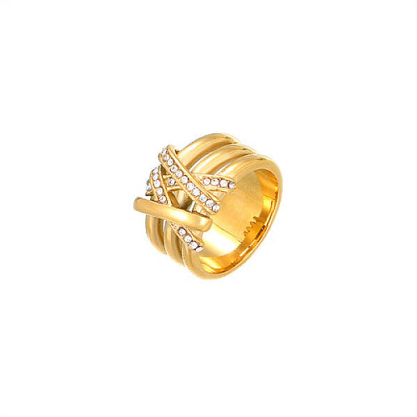 Golden Stainless Steel Rhinestone Wide Band Rings