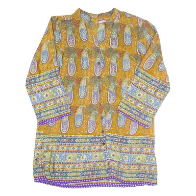 BOHO FASHION Womens Kaftan Dress Orange Silk Paisley Long Sleeve Short L