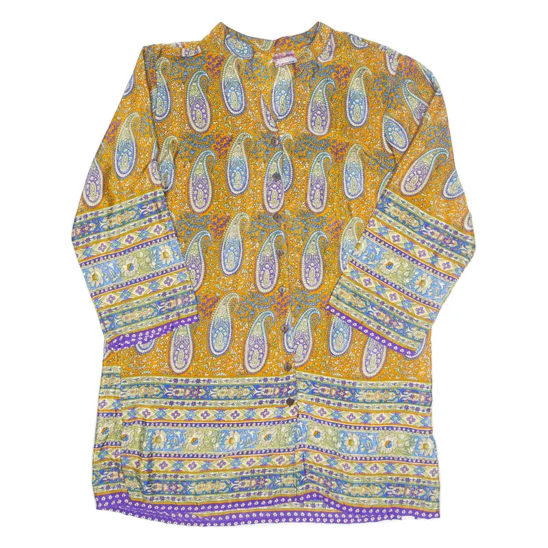 BOHO FASHION Womens Kaftan Dress Orange Silk Paisley Long Sleeve Short L