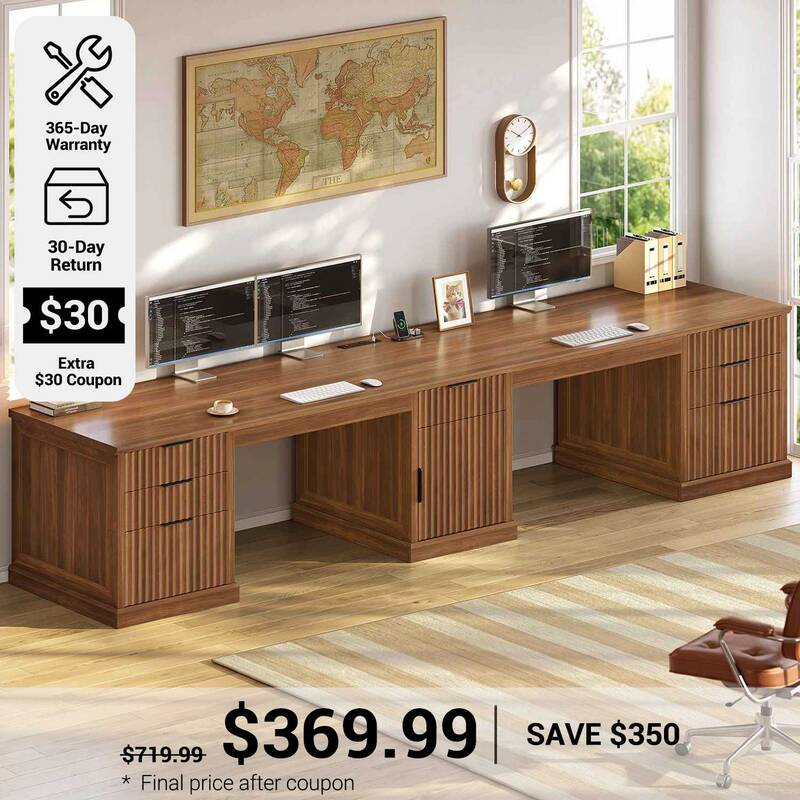 SEDETA | 110.3 Inch Fluted Long Computer Desk with Storage Cabinet Fluted Two Person Desk with 7 Drawers Power Outlets Brown ...