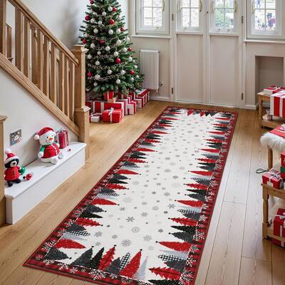 Garvee Christmas Tree Pattern Red 2x6 Rug - Washable Non-Slip & Stain Resistant Low Pile for Hallway, Entryway & Festive Bedr...