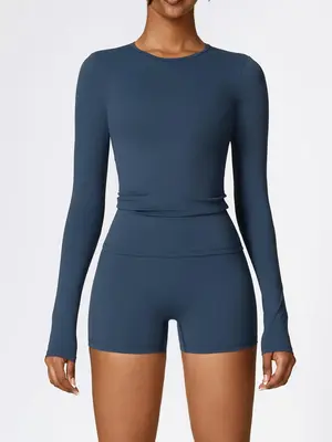 Two-Piece Set Women's Solid Long Sleeve Tee & High Waist Shorts Tracksuit Set, Sporty Round Neck Top & Skinny Shorts, Ladies ...