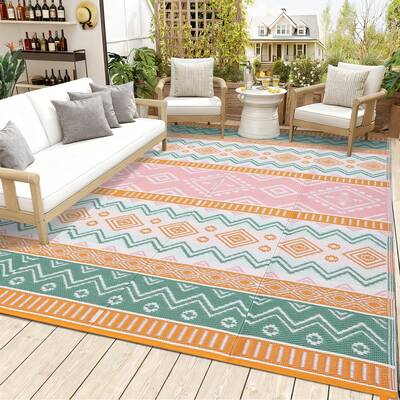 Garvee Reversible Outdoor Plastic Woven Rug - Waterproof, UV Resistant Patio Carpet, Easy Clean, Modern Geometric, Lightweigh...