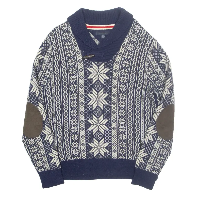TOMMY HILFIGER Mens Patterned Jumper Blue Fair Isle Roll Neck Tight Knit Wool L