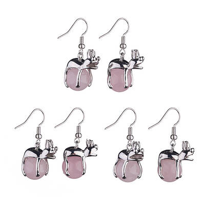Natural Rose Quartz Frog Dangle Earrings