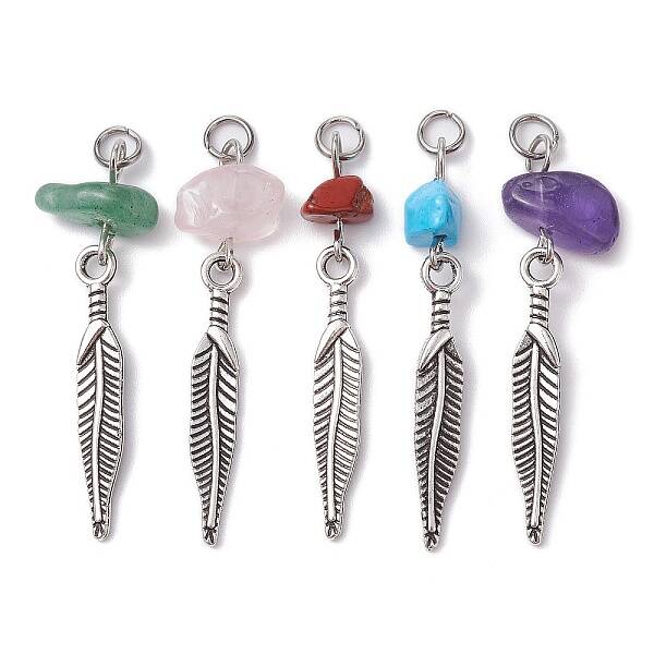 5Pcs 5 Styles Natural Mixed Gemstone Chip Pendants