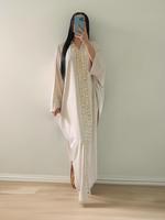 Arabic Clothing-Contrast Sequin Batwing Sleeve V Neck Kaftan Dress, Summer Outfits 2024, Elegant Long Sleeve Arabian Dress fo...