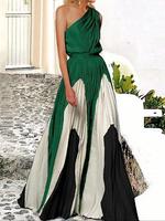 Women's Colorblock  One Shoulder Dress, Elegant  Long Dress for Party Holiday Wedding Guest, Ladies Clothes for All Seasons
