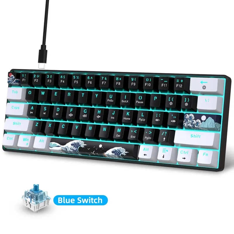 Wired 60% Mechanical Keyboard, Gaming PC Keyboard with Blue Switch & Sea Blue Backlit, Portable Compact 61-key Gaming Keyboar...